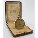 14ct gold open face pocket watch by "Recta". The gilt coloured 43mm diameter dial with gilt Arbic