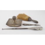 Mixed lot of silver comprising silver mounted Nail File, Button Hook, Crumb Brush and Blotter -