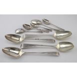 Mixed lot of silver flatware consisting of nine spoons, mixed condition with various Georgian