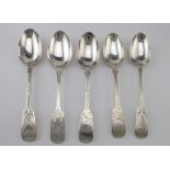 Five bright-cut decorated silver fiddle pattern tablespoons, four made by the Jersey Silversmiths