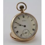 Waltham gold plated open face pocket watch, white enamelled dial, subsidiary seconds dial. In the