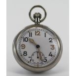 Military issue pocket watch. Engraved on the back "^ G.S.T.P F055757". Working when catalogued