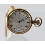 Waltham gold plated half hunter pocket watch, white enamelled dial, subsidiary seconds dial, in