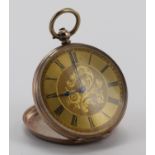 Mid size 9ct cased fob/pocket watch, the gilt dial with black roman numerals with a central floral