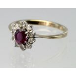 9ct Gold Ruby and Diamond cluster Ring size L weight 1.8g