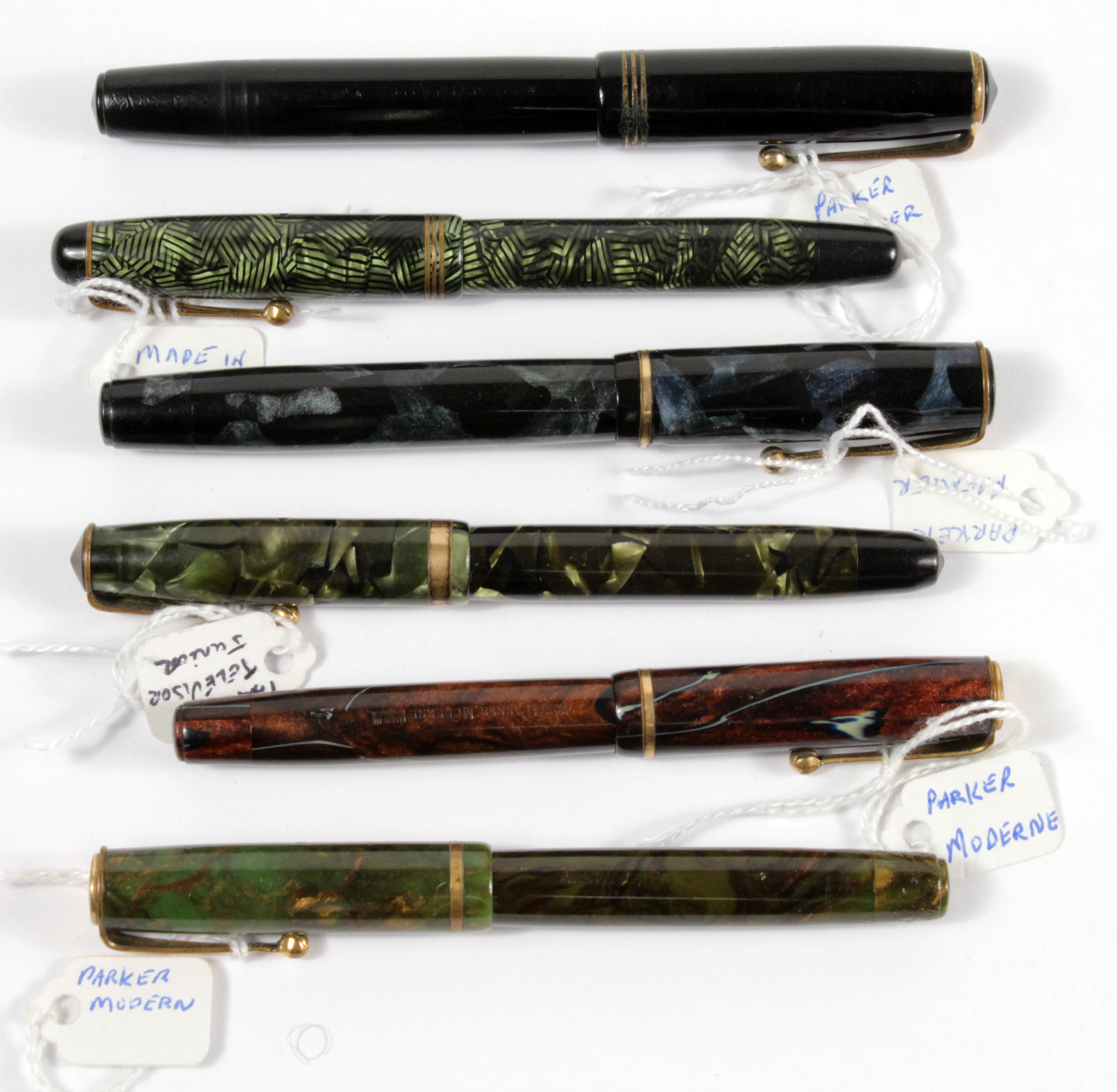 Six Parker fountain pens, comprising Televisor, Moderne & Premiere (sold as seen)