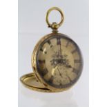 Gents 18ct gold open face pocket watch, marked in case "18k Warranted gold", the gilt engine