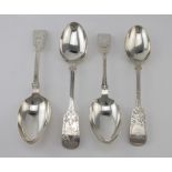 Four bright-cut decorated silver fiddle pattern tablespoons. Three made by C.T. Maine of Jersey