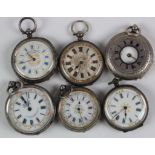 Collection of six ladies silver pocket watches, all with ornately decorated dials (includes a half