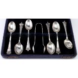 Boxed set of six silver teaspoons & silver sugar tongs hallmarked, H.W. Ld. Sheffield, 1917.