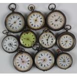 Collection of ten ladies silver pocket watches, all with ornately decorated dials.