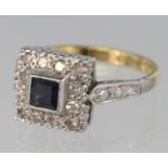 18ct White Gold Square Ring set with central square Sapphire surrounded by Diamonds size M weight