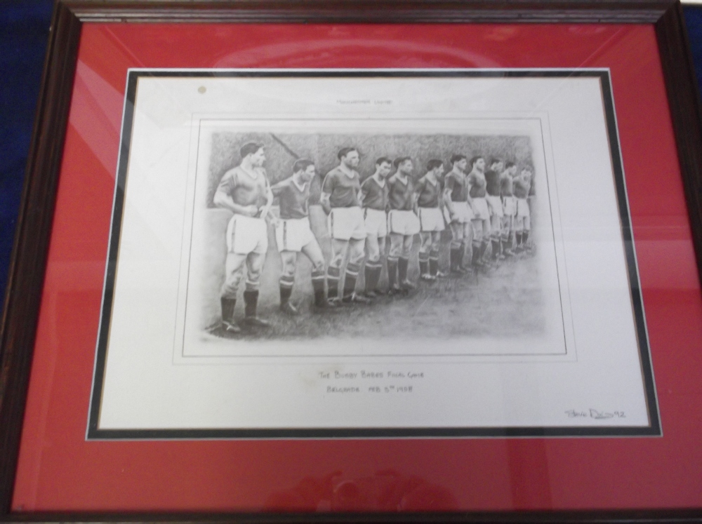 Football, 2 Manchester Utd framed prints, “Busby Babes Last Line Up” away to Red Star Belgrade 5th