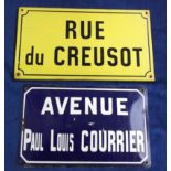 Enamel Signs, two French signs 'Avenue Paul Louis Courrier', 25cm x 40 cm, white on blue & 'Rue du