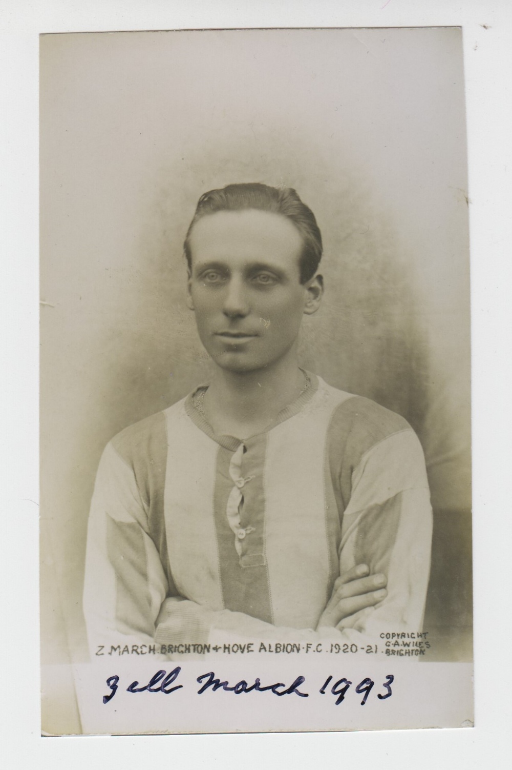 Football autograph, Z. March, Brighton & Hove Albion, 1920-21, reproduction postcard size image