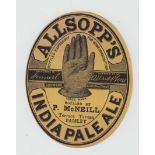 Beer label, Allsopp's, India Pale Ale, bottled by McNeill, Paisley, pre 1900's, (punch mark near