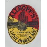 Beer label, Samuel Allsopp's pre 1900 label for J Owen Jones, Carnarvon , 1884 written on back, v.