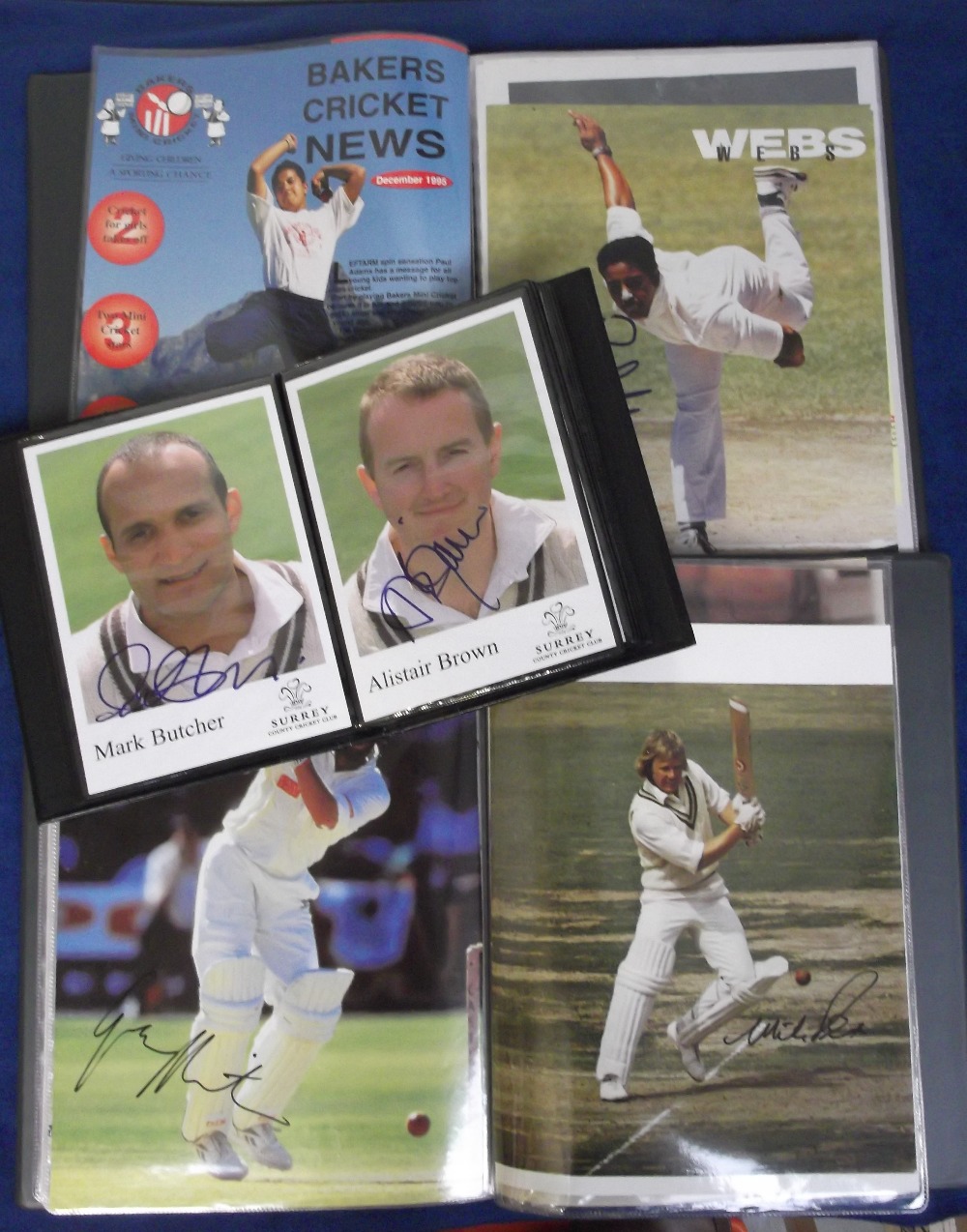 Cricket autographs, good selection of signatures in three folders, on promotional cards, press