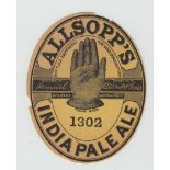 Beer label, Allsopp's, India Pale Ale numbered 1302, pre 1900's, (punch mark near centre, sl edge