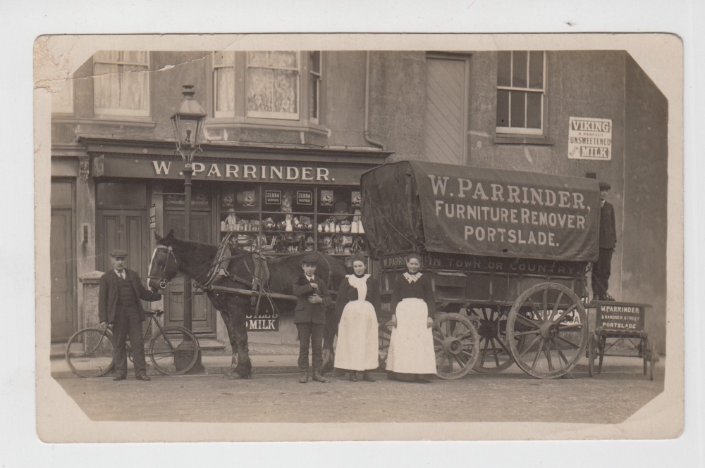 Postcard, Shopfront, W Parrinder, Furniture Remover, Portslade, horse drawn removal cart outside