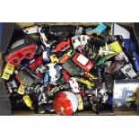 Toys, a large box of play worn toys, mostly 1980's/90's, mainly cars, lorries & other vehicles, a