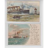 Postcards, Shipping, early chromo litho by Willy Stower, 4 p.u, 1902-1904, (w.t.f), one unused, (gen