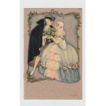 Postcard, Sofia Chiostri, Art Deco, Woman in Ball Gown, man in cloak, (Ser 333) (some foxing to