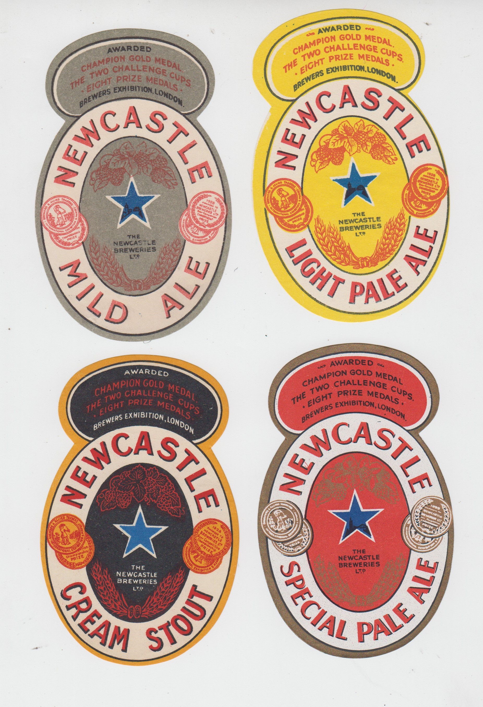 Beer labels, Newcastle Breweries Ltd, Newcastle Mild Ale, Light Pale Ale, Cream Stout & Special Pale