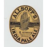 Beer label, Allsopp's India Pale Ale, bottled by Seymour of Newbury, pre 1900's, (punch mark near