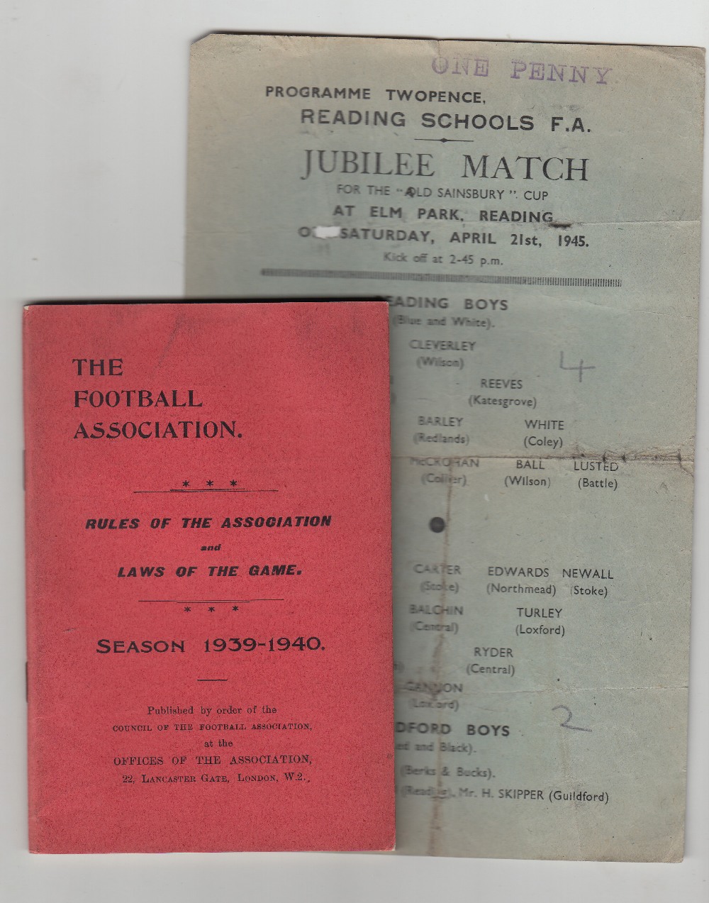 Football programme/booklet, Reading Boys v Guildford Boys, 21 April 1945, single sheet issue from