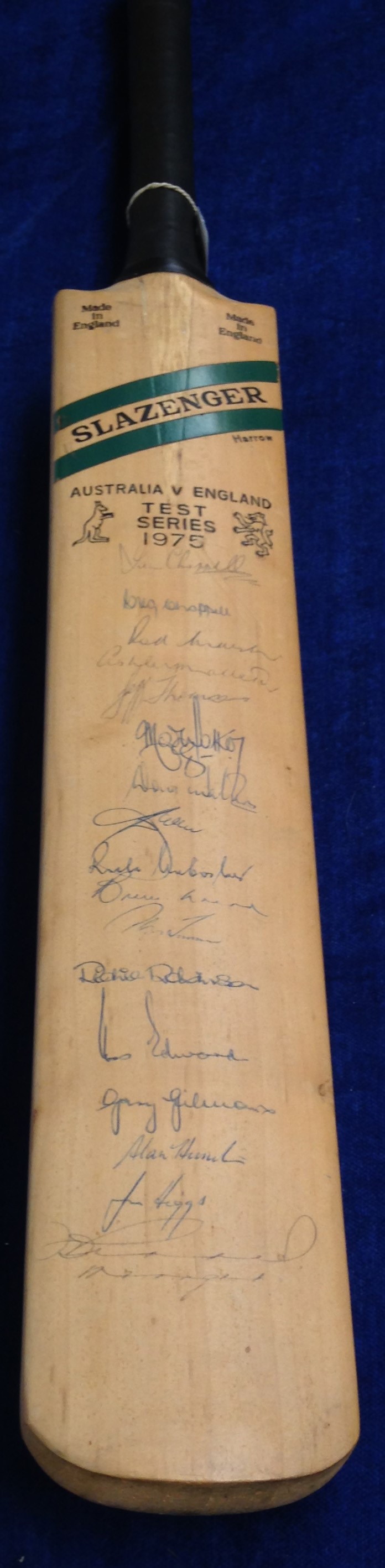 Cricket, a Slazenger bat, 'Australia v England Test Series 1975' bearing 17 ink signatures of the