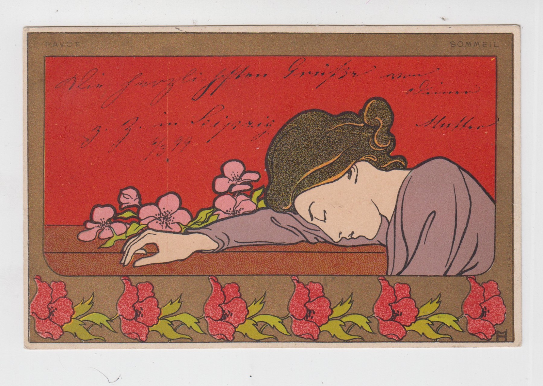 Postcard, Art Nouveau, Henri Meunier, Girl asleep on table, p.u 1899 (w.t.f and mild scratch,