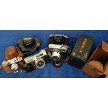 Cameras, four cased cameras, Halina 35X, Konica EE-Matic Deluxe 2, Werra 35mm & one box brownie type