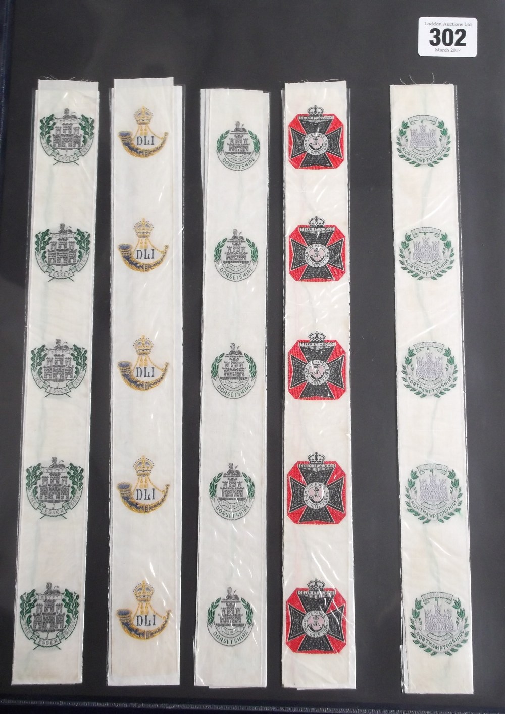 Tobacco silks, L. Youdell collection, Anstie, Regimental Badges, five uncut ribbons, each with