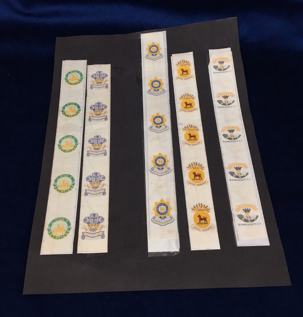 Tobacco silks, L. Youdell collection, Anstie, Regimental Badges, five uncut ribbons, each with