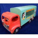Toys, large Tri-ang Pressed Steel Circus Van, red cab and chassis, pale green rear, white drop