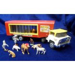 Toys, Tri-ang Hi-Way Series Big Top Circus Transporter, white/yellow cab with red trailer, including