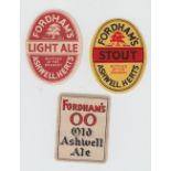 Beer labels, Fordham's, Ashwell, Herts, 3 different , Stout and Light Ale, v.o's, (sl staining to