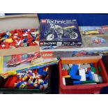 Toys, Lego, a large quantity of loose Lego in two crates, plus three boxed sets (all unchecked for