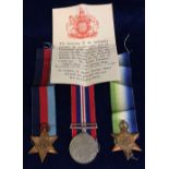 Medals, three WW2 campaign medals, all with ribbons, 1939-45 Star, Atlantic Star and War Medal