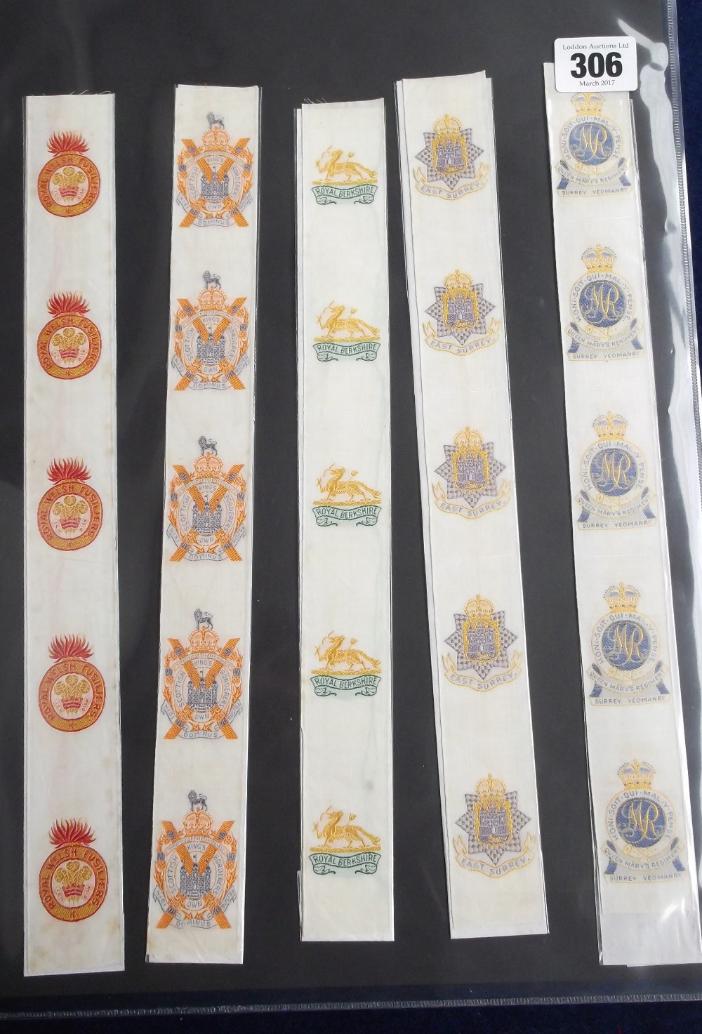 Tobacco silks, L. Youdell collection, Anstie, Regimental Badges, five uncut ribbons, each with