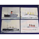 Shipping, four original watercolour images of ships by G. Shears, MV Asturias, RMS Windsor Castle,