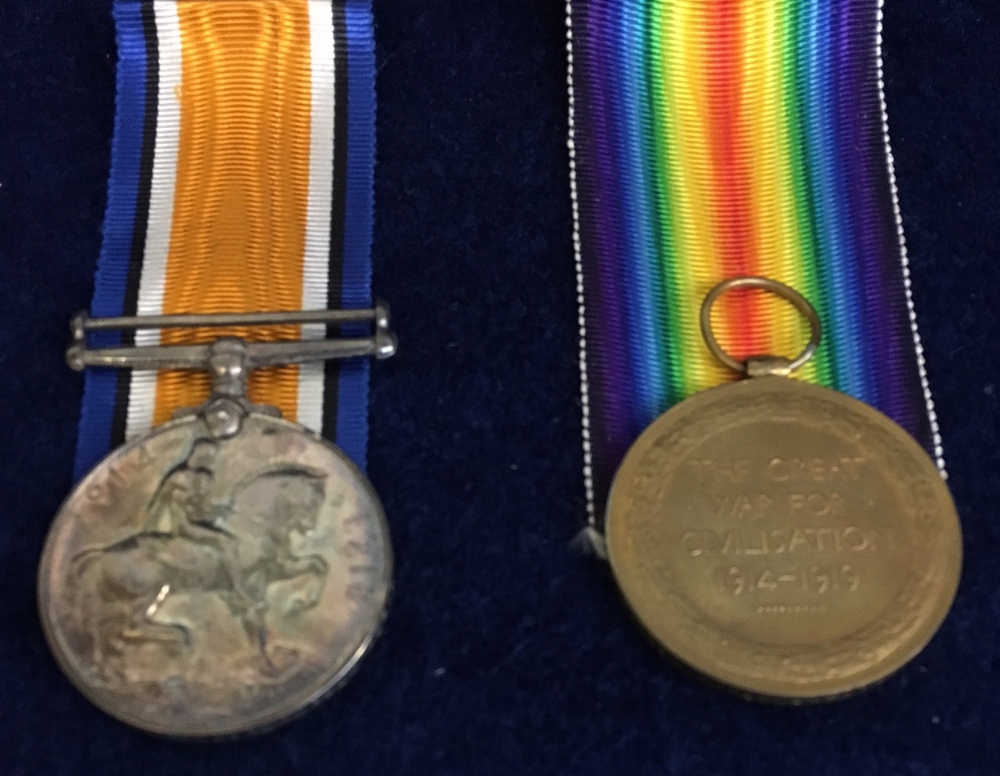 Medals, two WW1 campaign medals, with ribbons, British War Medal and Victory Medal, both awarded
