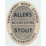 Beer label, Allen's Nourishing Stout from Parliament Road Stores, Middlesbrough, v.o, (vg) (1)