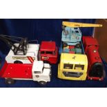 Toys, a group of 5 pressed steel vehicles, 4 by Tri-ang, RAF crane, pull-along Express train,