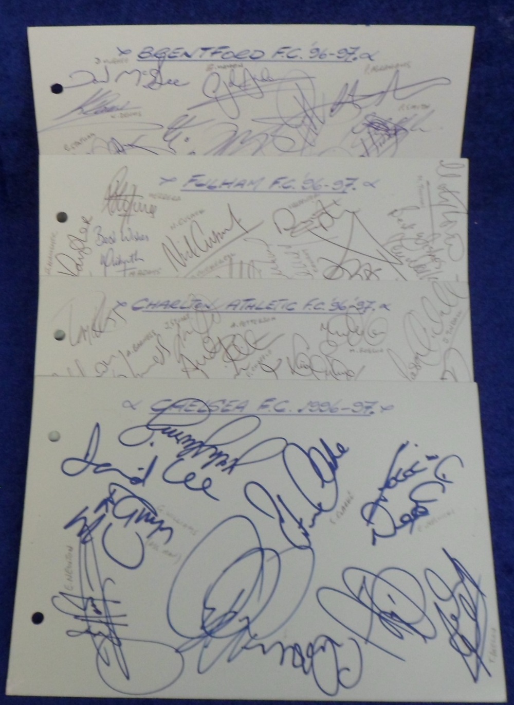 Football autographs, four autograph albums pages, all 1996/7 season with multiple signatures,