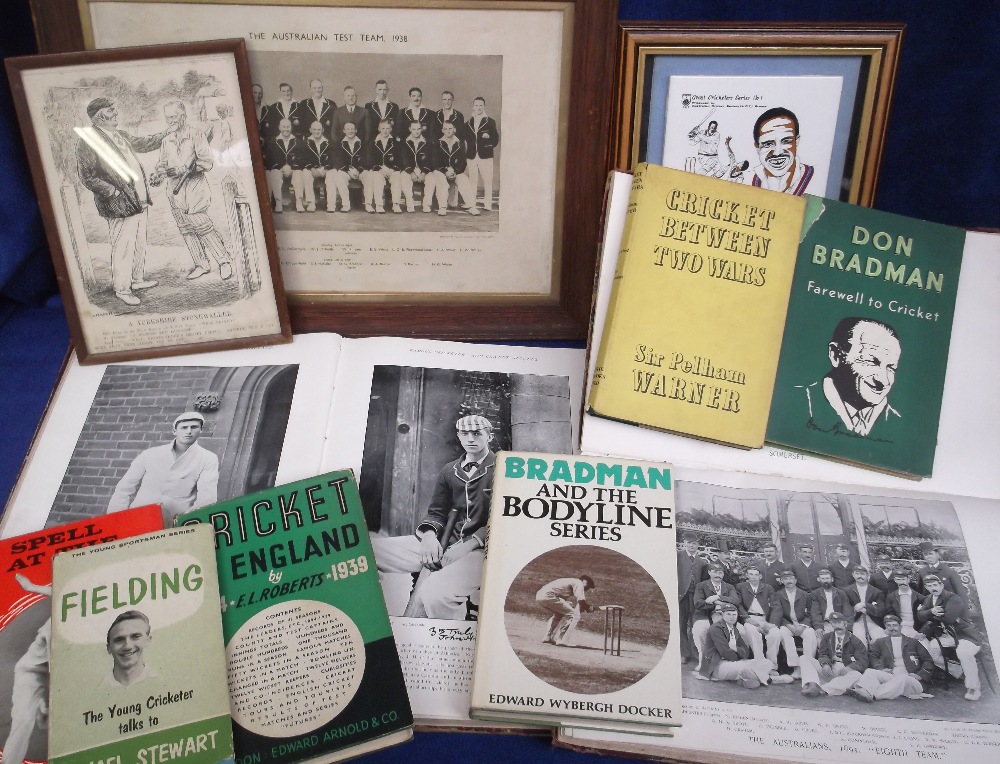 Cricket, mixed selection, various ages, inc. framed and glazed Australian Test Team supplement