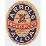 Beer label, Arrol's, Alloa, Scotland, Lager Beer, net contents 13 and a third fluid oz, 97mm high,