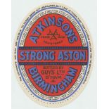 Beer label, Atkinsons, bottled by Guys Ltd, Birmingham, Strong Aston, v.o, 85mm tall, (stamp hinge