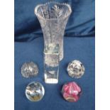 Paperweights, 5 glass paperweights, various shapes & designs inc. flower design stamped 'Caithness